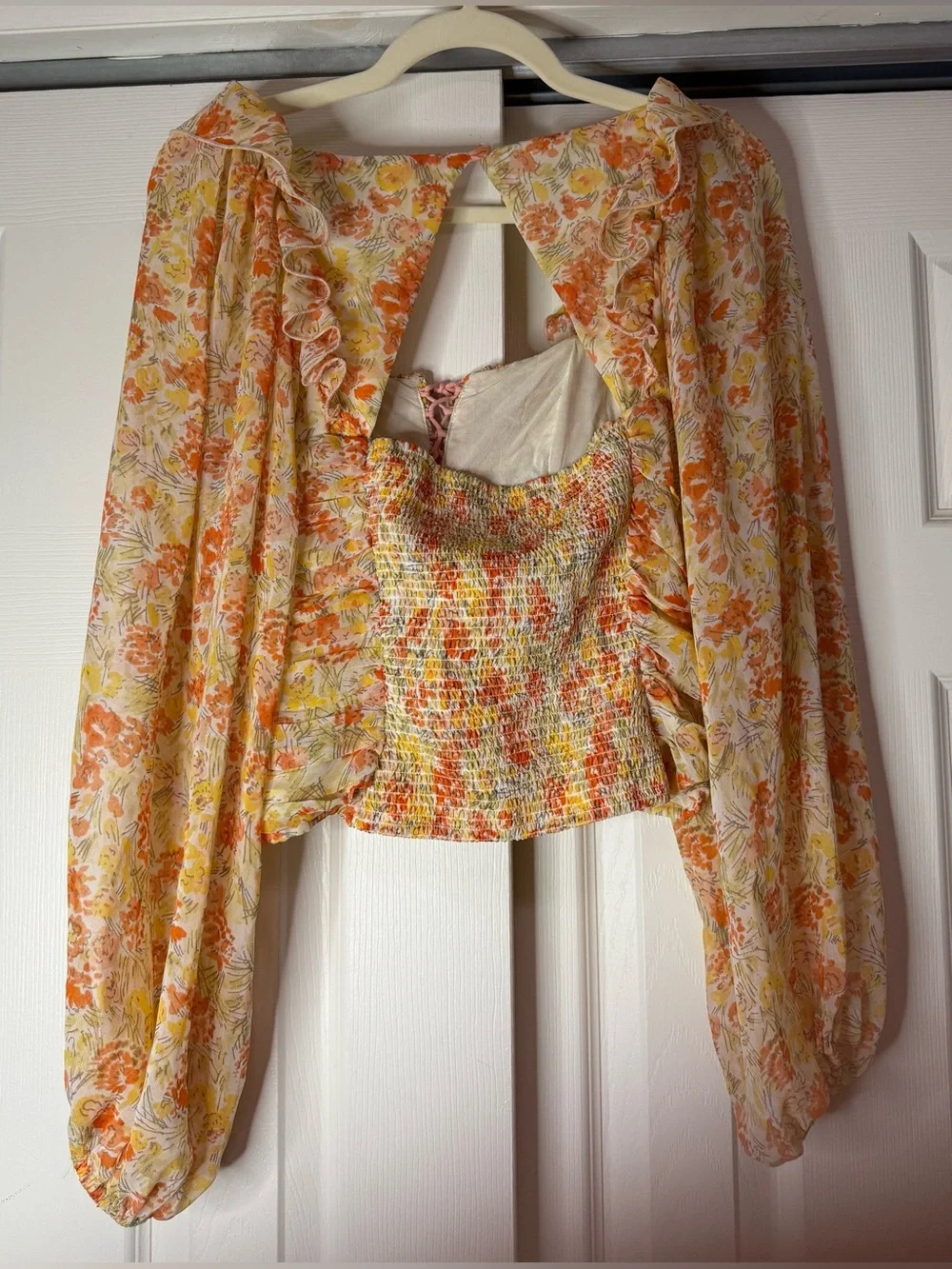 Free People Peach and Yellow Floral Puff-Sleeve Tie Front Blouse - Size XS